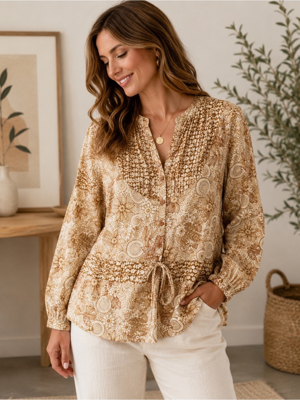Request Beige Floral Tunic Blouse Large 100% Cotton”